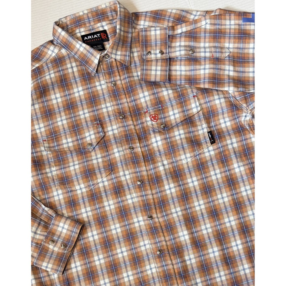 ARIAT FR - Men's Work Shirt - Orange Blue Plaid Snap Flame Resistant - XXL Tall